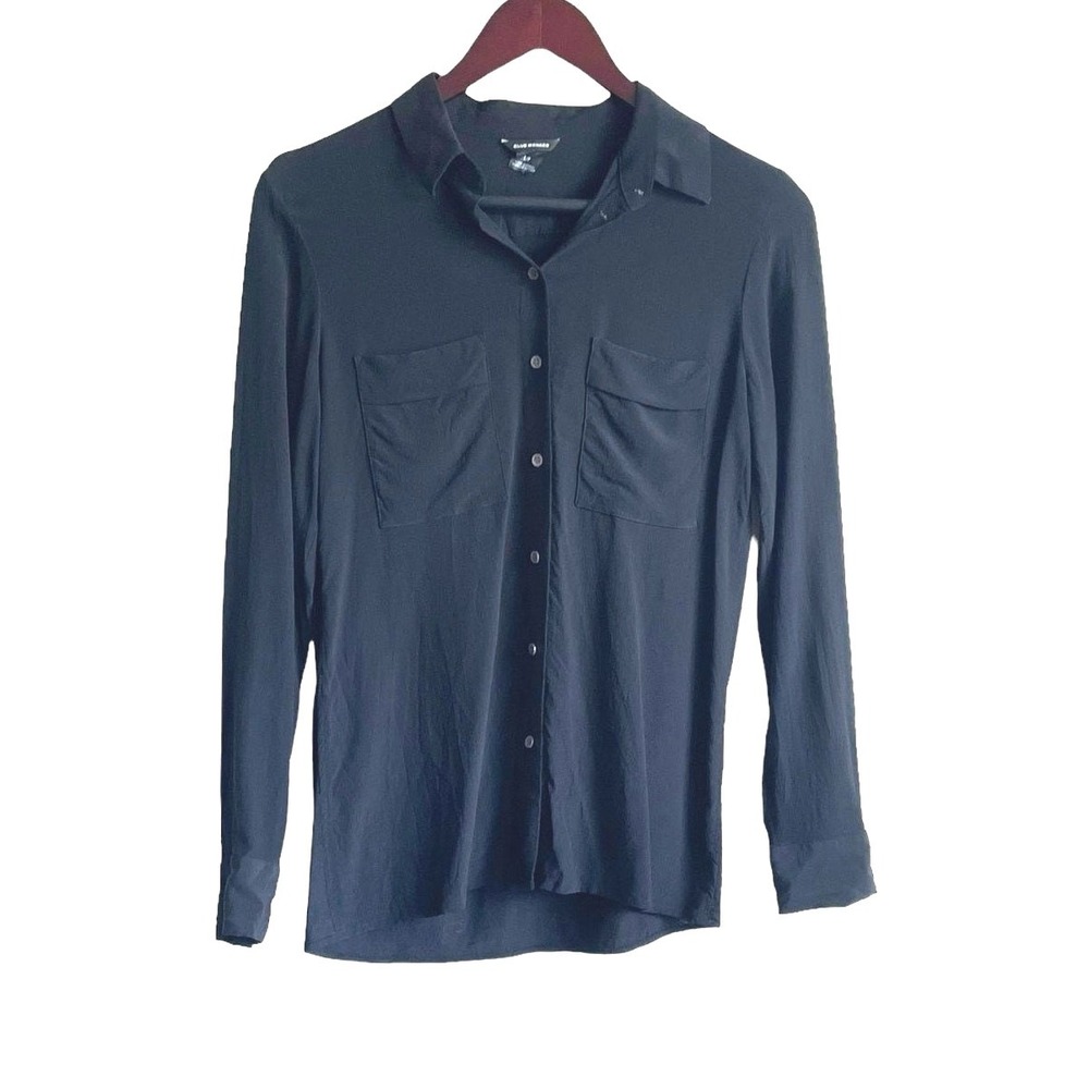 Club Monaco Women Button Blouse S Black Silk Blend Sheer‎ Panel Dark Romantic
